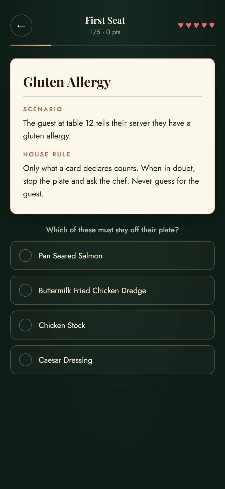 The allergy drill: a guest with a gluten allergy, and four dishes to choose from.