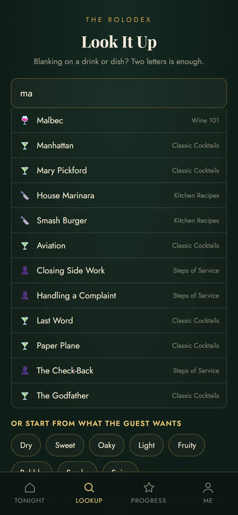Lookup: typing two letters lists matching cocktails, wines, dishes and service steps, with guest-preference chips below.